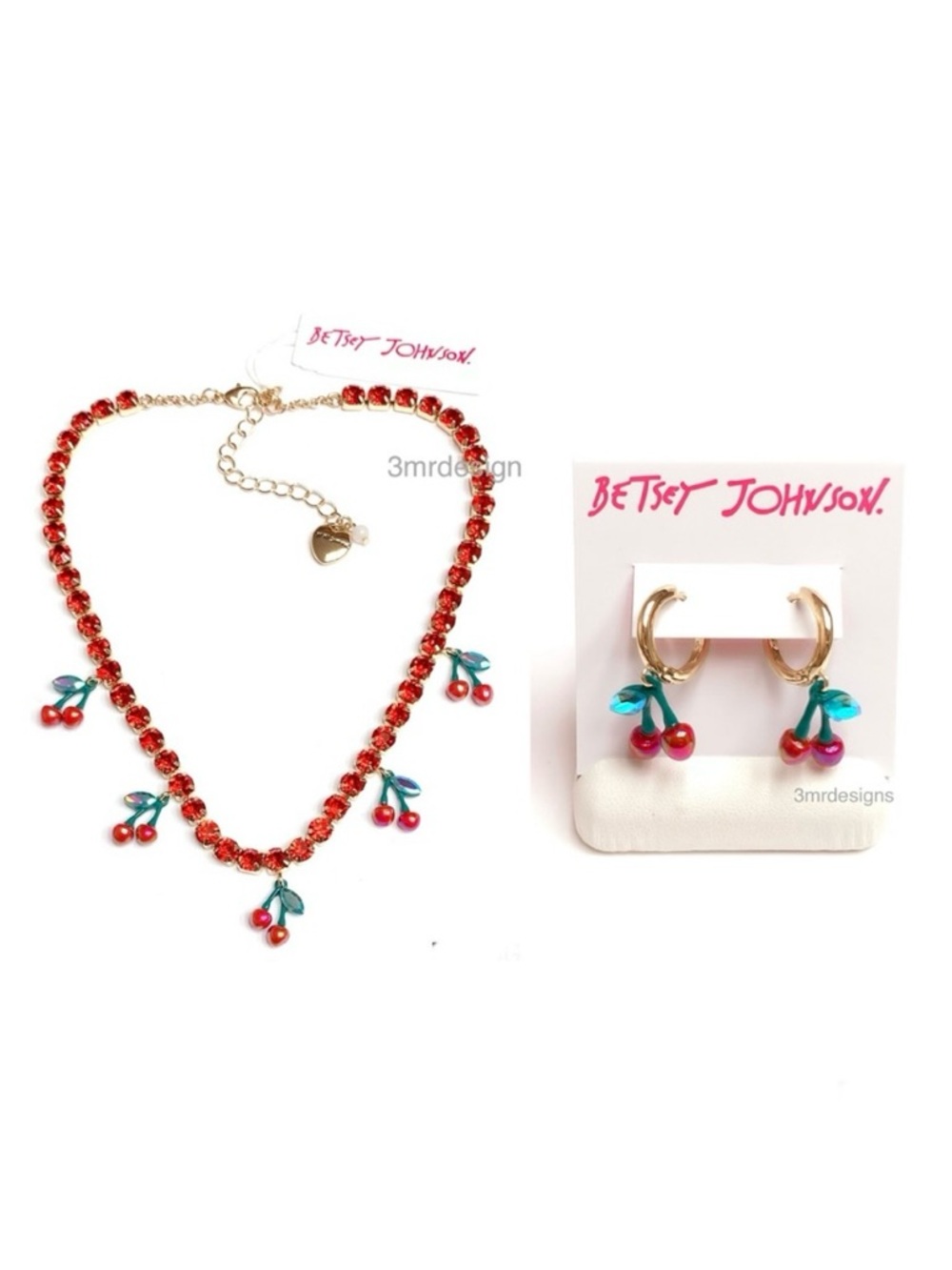 NWT Betsey Johnson 💋CHERRY Gold Tone CZ Crystals Earrings & Tennis Necklace Set